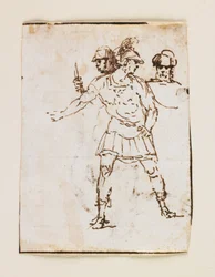 Estudo de dois soldados romanos e uma figura de barba (reto); Estudo de um homem barbudo andando com um pau (verso) (caneta e tinta marrom)