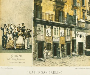 Vista do Teatro Real de São Carlos em Nápoles, por Francesco Aversano, litografia tirada de Nápoles dos tempos antigos, por Raffaele d