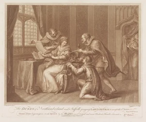 Duques de Northumberland e Suffolk pedem a Lady Jane Grey que aceite a coroa Os Duques de Northumberland e Suffolk rezando para Lady Jane Grey aceitar a coroa (título no objeto)