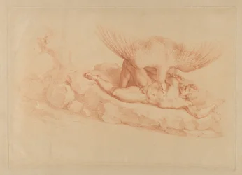 Prometeu, nu, acorrentado a uma rocha, olhando para uma águia parada sobre ele, 1795.