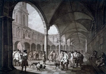 Vista do pátio no Royal Exchange com comerciantes e corretores, cidade de Londres, 1788