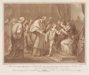 Weduwe van Edward IV staat haar zoon aan twee aartsbisschoppen af
A Rainha Viúva de Eduardo a 4ª separação com o Duque de York aos dois Arcebispos, por ordem de Ricardo III (título sobre o objecto)
