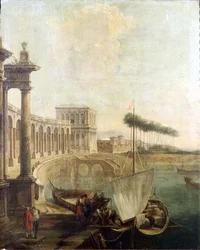 Um capriccio, porto com figuras a carregar um ferry