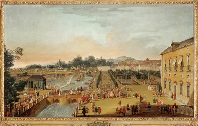 O Rei Fernando VI de Espanha e a Rainha Bárbara Bragança e os seus convidados nos jardins do Palácio de Aranjuez (pintura sobre tela)