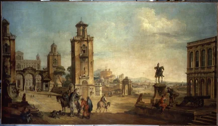 ""Cena de rua em uma cidade, a grande praça com monumentos"" (Vista de uma cidade) Pintura de Francesco Battaglioli (ec. venit.) (1722-1790) Museu Hermitage do século XVIII, São Petersburgo