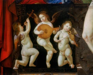 Três anjos musicais. Detalhe do retábulo da Madona, entronizado com os Santos Jerônimo e Sebastião, por Francesco Bianchi Ferrari, Igreja de San Pietro, Modena