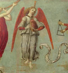 Anjo tocando gaita de foles, c.1475-97 têmpera no detalhe do painel de 64871, veja também 64873 e 64874