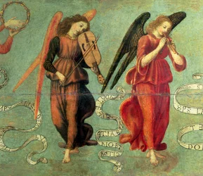 Anjos tocando violino e cachimbo, c.1475-97 têmpera no detalhe do painel de 64871, veja também 64872 e 64873