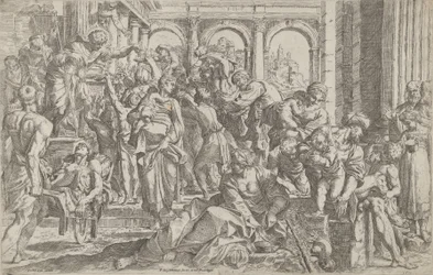 São Roque à esquerda distribuindo esmolas a um grupo de pessoas reunidas ao seu redor, após ..., 1590-1600.