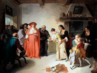 Cardeal Borromeo visitando Lucy na casa do alfaiate, cena de Betrothed de Alessandro Manzoni (1785-1873), de Francesco Coghetti (1804-1875), óleo sobre tela, 35,3 x47,4 cm