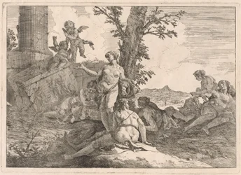 Seis ninfas e dois cupidos em uma paisagem