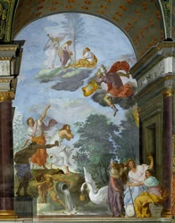 Alegoria da morte de Lorenzo de Medici il Magnifico (Laurent de Medicis) conhecido como O Magnífico (1449-1492). À direita, representação das divindades do destino, os Gabinetes (ou Parques): Clotho, Lachesis e Atropos. Fresco, de Francesco Furini (160