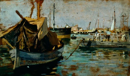 A trabalhar no porto de Livorno (Leghorn) por Francesco Gioli (1846-1922), óleo sobre painel, 22x38 cm