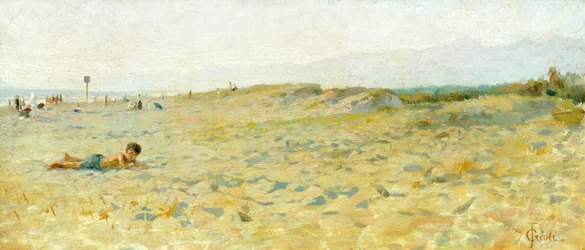 Praia em Cinquale por Francesco Gioli (1846-1922), óleo sobre painel