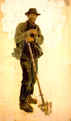 Escavadora de valas de Francesco Gioli (1846-1922), óleo sobre painel, 39x22 cm