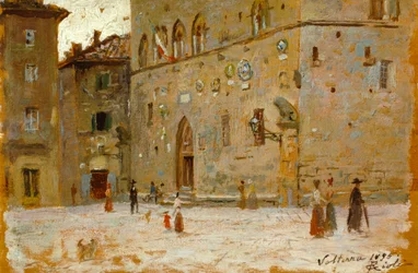 Na praça em Volterra por Francesco Gioli (1846-1922), óleo sobre painel