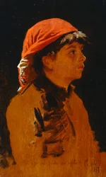 Lenço vermelho de Francesco Gioli (1846-1922), óleo sobre painel, 28x17 cm
