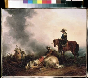 "Apres la bataille" (Após a batalha) Alegoria de guerra, um guerreiro mata. Pintura de Francesco Giuseppe Casanova (1727-1802) Mikhail Kroshitsky Art Museum, Sevastopol (Sebastopol) Ucrânia