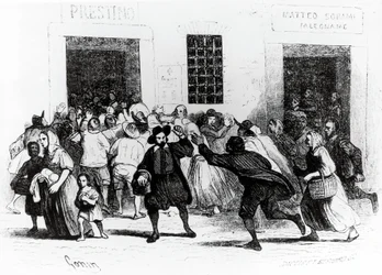 O saque de muletas, episódio de Betrothed, de Alessandro Manzoni (1785-1873), ilustração de Francesco Gonin (1808-1889) 1840 edição