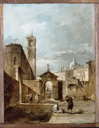 Um capricho de um campo veneziano com uma igreja além