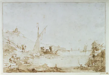 Uma cena costeira, c.1770-80 (caneta e marrom lavar com giz preto sobre papel)