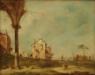 Capriccio, paisagem de fantasia com edifícios na lagoa