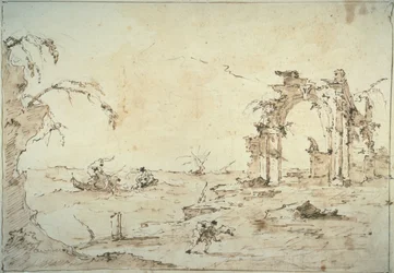 Capriccio com uma tempestade na lagoa