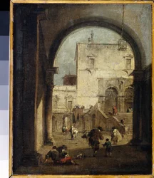 "Capriccio veneziano: vista de uma praça e um palácio" Pintura de Francesco Guardi (1712-1793) 1775-1780 Dim. 27x23 cm Museu Hermitage, São Petersburgo
