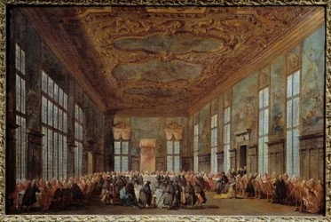 O Doge de Veneza Alvise IV Mocinego (1701-1778) oferece pequeno-almoço aos embaixadores Pintura de Francesco Guardi (1712-1793) Sol do século XVIII. 0,67x1,01 m Nantes, Museu de Belas Artes