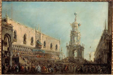 O Doge de Veneza assiste às celebrações da quinta-feira de Carnaval na Piazzetta di San Marco Doge Alvise IV Mocenigo (1701-1778), na varanda do Palácio dos Doges, às actuações acrobáticas. Pintura de Francesco Guardi (1712-1793) 1766-1770 Sol. 0,67x1 m