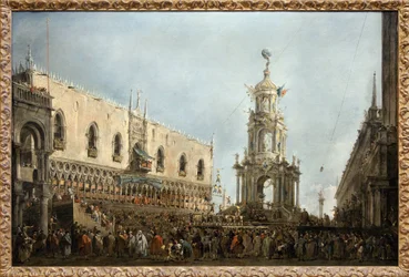 O Doge de Veneza assiste às festas de quinta-feira no Piazzetta di San Marco, o Doge está à esquerda, sob a arcada central do Palácio Doge, junto a um monumento efémero erguido na Piazzetta, ergue-se uma pirâmide humana de uma competição de ginástica