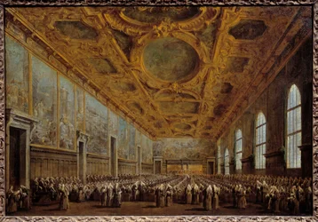 O Doge de Veneza agradece ao Conselho Maior. A cena se passa no Palácio Ducal na Praça de São Marcos em Veneza. Quadro de Francesco Guardi