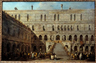 A coroação do doge de Veneza na Escadaria dos Gigantes do Palácio Ducal, entre 1766 e 1770. 0,67 x 1,01 m.