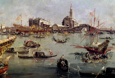 O doge no Bucentauro (Bucentoro) em San Nicolo de Lido a Veneza, Ascensão Dia Pintura por Francesco Guardi (1712-1793) Paris do século XVIII, Museu do Louvre.