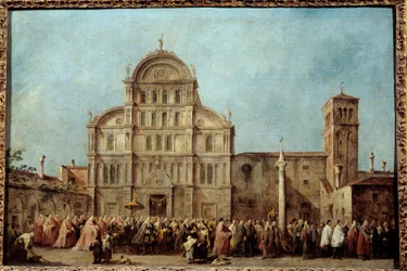 A procissão dos Doges de Veneza à Igreja de San Zaccaria no dia de Páscoa (1763). Pintura de Francesco Guardi (1712-1793), cerca de 1766-1770. Óleo sobre tela. Dim: 0,67 x 1,01m. - A procissão dos Doges de Veneza na Igreja de San Zaccaria, em E
