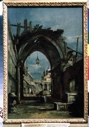 ""Vista de Veneza"" Ruína em primeiro plano. Pintura de Francesco Guardi (1712-1793) por volta de 1770 Museu Pushkin