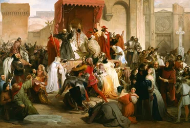 "Deus quer": no Concílio de Clermont (hoje Clermont Ferrand, em Auvergne), Pedro, o Eremita (1053-1115), prega a primeira cruzada ao Papa Urbano II - Papa Urbano II Pregação
