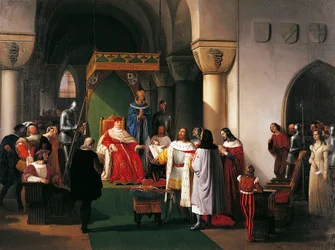 Filippo Maria Visconti, Duque de Milão devolve a coroa a Reis de Aragona e de Navarra, preso por Genovês, por Francesco Hayez (1791-1882)