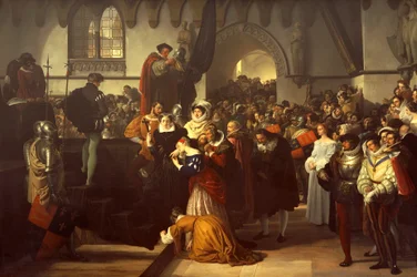 Mary Queen of Scots a ser levada para o cadafalso