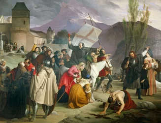 Pedro Eremita montando mula branca com crucifixo na mão e circulando por cidades e aldeias pregando Cruzada