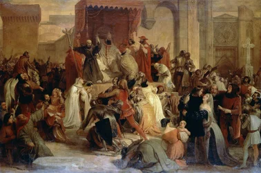 O papa Urbano II a pregar a Primeira Cruzada na praça de Clermont
