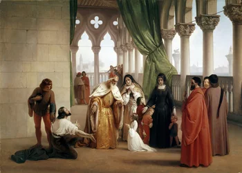 Os Dois Foscari: Francesco Foscari, Doge de Veneza banindo o seu filho Jacopo da acusação de traição por correspondência no exílio (óleo sobre tela, cerca de 1852)