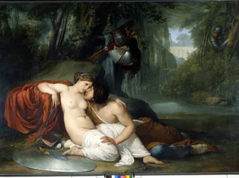 O amor de Renaud e Armide Ilustração de uma cena de "La Jerusalem delivree" (La gerusalemme liberata) de Torquato Tasso (conhecida como a Caneca). O encantador Armide rodeado de um seduto muito simbólico Amours com a ajuda do seu espelho mágico o cavaleiro