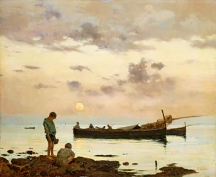Marina com barco de pesca e rapazes, de Francesco Lojacono (1838-1915), óleo sobre tela, 64x77 cm