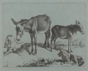 Burro com seu potro, um cachorro e um homem camponês