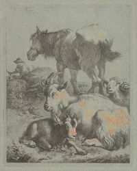 Cavalo, Carneiro, Cabra com Cabrito; Ao longe um pastor com rebanho