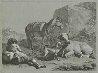 Pastor reclinado com cavalo, vaca e cachorro Cenas de pastor (título da série)