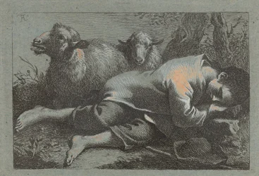 Camponês dormindo perto de duas ovelhas