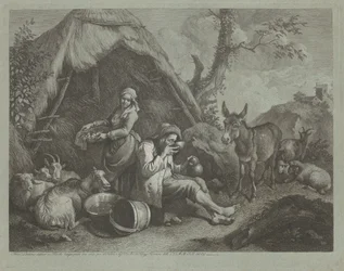 Velho sentado e mulher com uma cesta de ovos, 17591782.