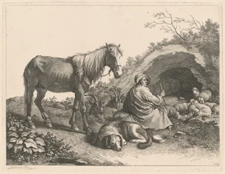 Pastor sentado com cavalo, cachorro, cabras e ovelhas